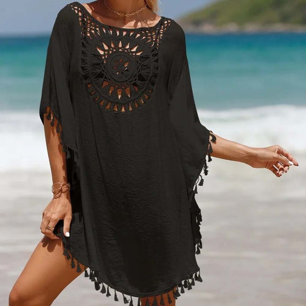 New Boho Sexy Resort Crochet Eyelet Tassels Tunic Surf Sun Swim Cover Up Black